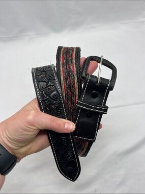 Black and Red Braided Straw Belt with Floral Details